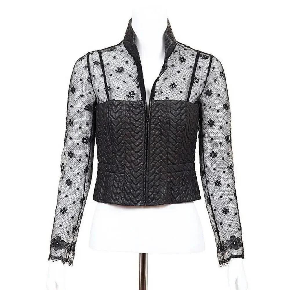 03A CHANEL Leather Lace Black Top 2003 Rare Long Sleeve FR-36 Blouse Jacket